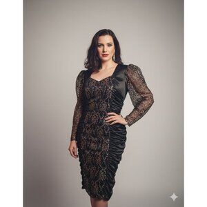 Vintage 80s Mayvens of California Black & Silver Ruched Cocktail Dress | Size 18